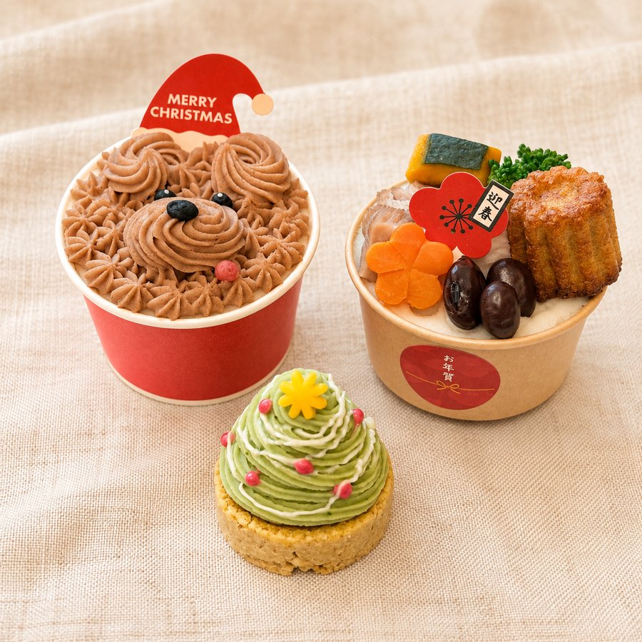 わんちゃん用 クリスマスケーキ2種とおせちカップケーキ